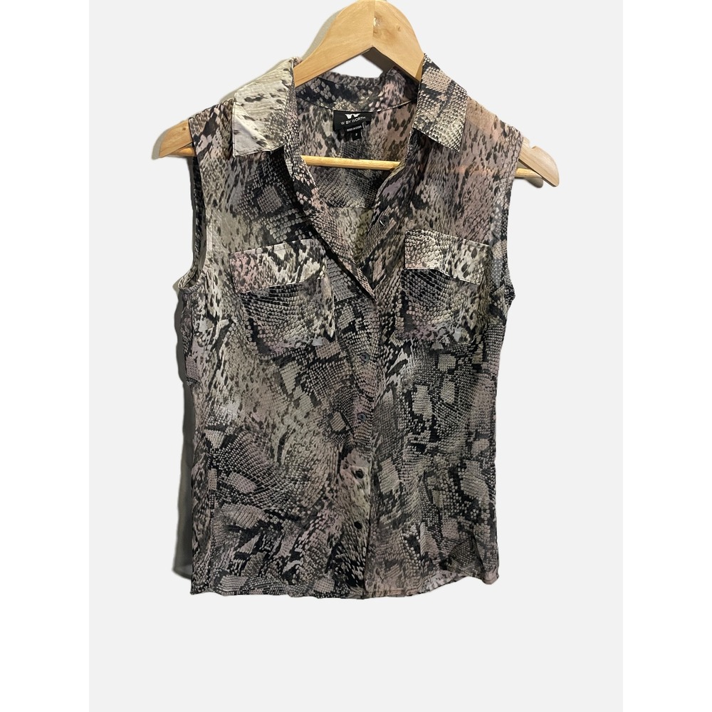 W By Worth Blouse Womens 2 Grey Snakeskin Print Sleeveless Button Down Safari